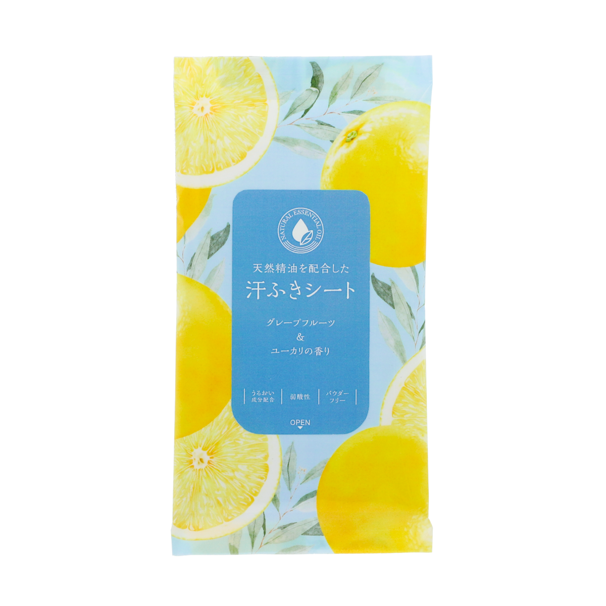 天然精油を配合した汗ふきシート(グレープフルーツ&ユーカリの香り)
